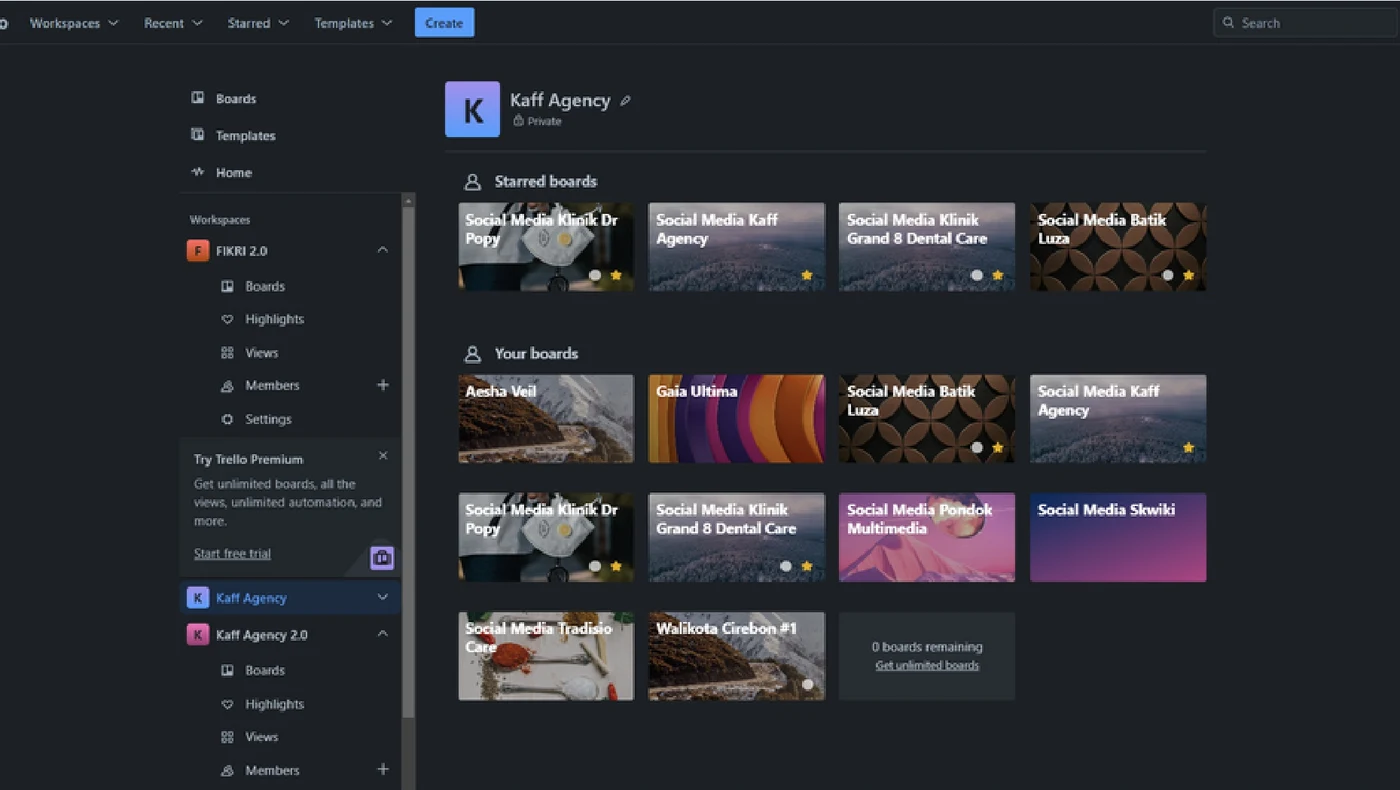 Kaff Agency Trello workspace containing client project boards