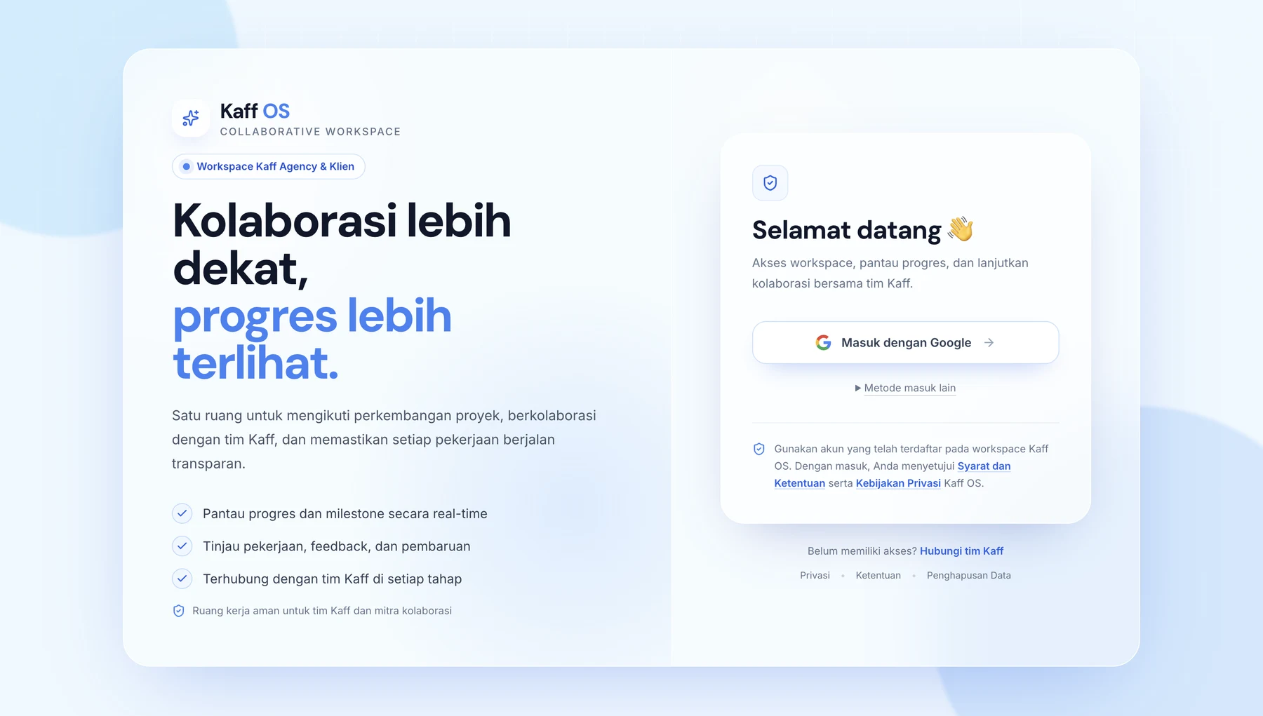 Kaff OS collaborative workspace sign-in experience